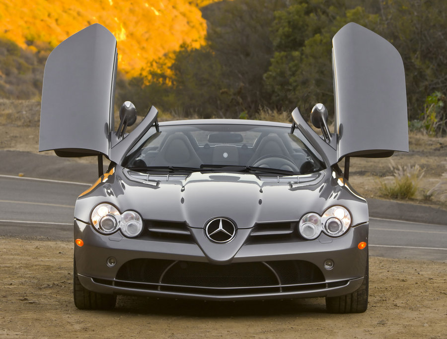 MercedesBenz SLR McLaren Roadster front view doors open